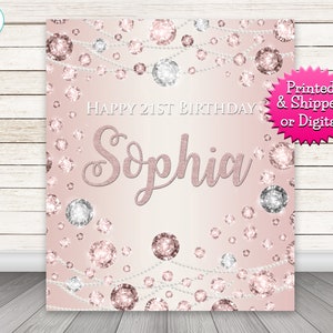 May include: A pink and white digital backdrop with a rose gold glitter design. The backdrop features a diamond pattern with a string of pearls. The text "Happy 21st Birthday Sophia" is written in rose gold glitter.