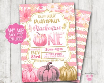 Pumpkin Invitations, Pumpkin 1st Birthday, Our Little Pumpkin is Turning One, Gold Glitter Pink Pumpkin Birthday Invitations, Pumpkin Party