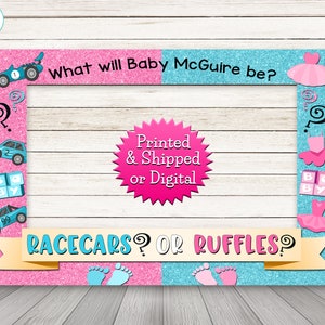 Ruffles or Racecars Gender Reveal Photo Booth Frame - PRINTED & SHIPPED or DIGITAL, Racecars or Ruffles Baby Shower Photo Booth Prop