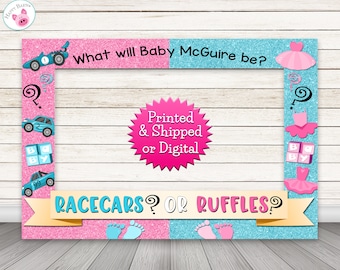 Ruffles or Racecars Gender Reveal Photo Booth Frame - PRINTED & SHIPPED or DIGITAL, Racecars or Ruffles Baby Shower Photo Booth Prop