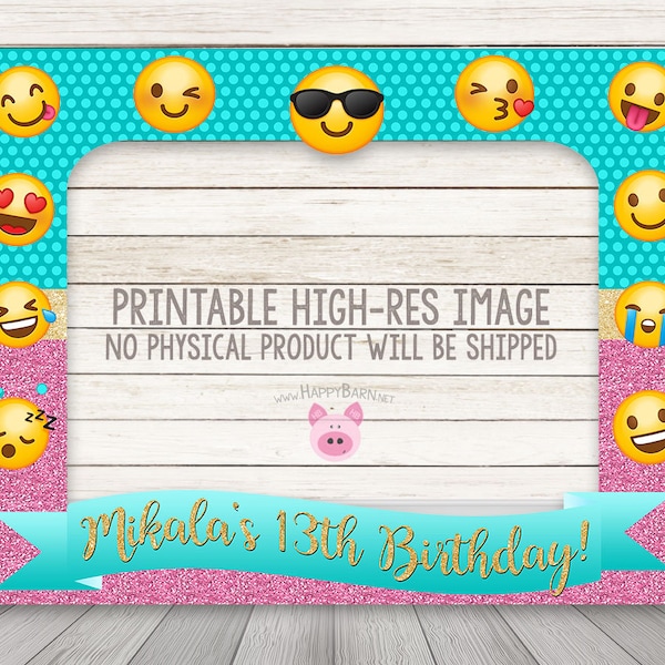 PRINTABLE Emoji birthday party photo booth frame, Teal Pink Glitter Emoji Party photobooth frame, Girly Pink Blue Gold Emoji Party, Aqua