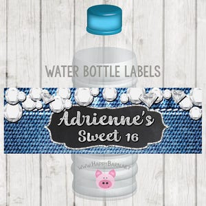 Druckbare Wasserflasche Etiketten, druckbare Denim und Diamanten-Wasser-Flaschen-Etikett, Denim & Diamond Mitbringsel, Denim und Diamant-Etiketten