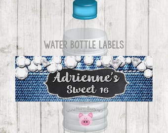 Etiquetas de botella de agua imprimibles, etiqueta de botella de agua denim y diamantes imprimible, denim & Diamond Party Favor, denim y etiquetas de botella de diamante
