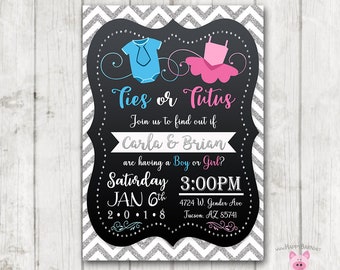 Convite para gravatas ou tutus, convites para chá de bebê para impressão de festa reveladora de gênero