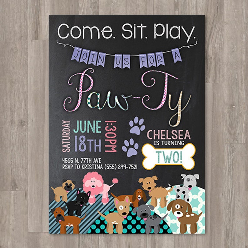 Girl Puppy Birthday Invitations Printable Dog Invitations Custom Personalized Bday Invite Chalk Girly Puppy Party Doggie Birthday Paw-Ty image 1