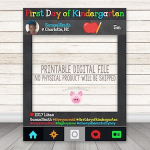 Moldura para primeiro dia de aula para impressão, moldura para quadro-negro do primeiro dia da pré-escola, moldura para cabine fotográfica de volta às aulas, primeiro dia de jardim de infância