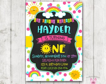 May include: A colorful birthday invitation with a rainbow, sun, and clouds. The text reads "Our Little Sunshine Hayden is Turning One. Sunday, November 5th at 2PM. Splashy Fun Park. 123 N. Birthday Lane. RSVP: Lucy 535-258-9746."