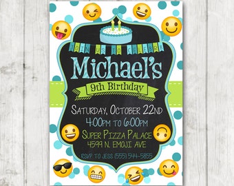 Druckbare junge Emoji Geburtstag Partyeinladung, Emoji Einladungen, kundenspezifische junge Geburtstags-Einladung, Emojis Bday laden, Emoticon grün, blau