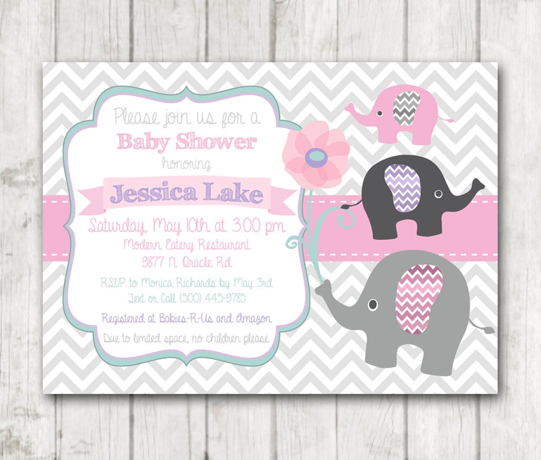 Printable Elephant Girl Baby Shower Invitation Flowers Floral Chevon ...