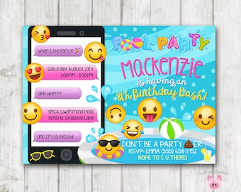 Printable Emoji Pool Party Party Invitation, Swim Party Emoji invitations, Emoji Birthday Invitation, Emoji Swimming Birthday Invitations