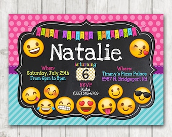 Para imprimir invitación de fiesta de cumpleaños de Emoji, Emoji invitaciones, invitación de cumpleaños de pizarra Emoji, chica Emojis Bday invita, emoticono cumple