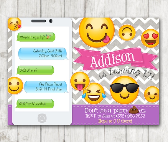Invito Festa Di Compleanno Emoji Stampabile Emoji Inviti Invito Di Compleanno Di Chevron Smiley Face Ragazza Emoji Bday Invitare Emoticon Bday