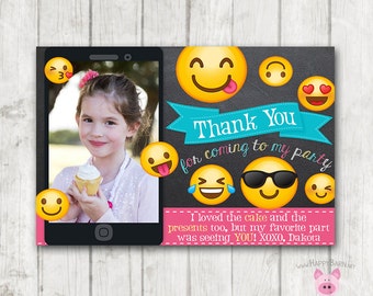 Printable Emoji Thank You Cards with Photo, Chalkboard Emoji Thank You Card, Emoji Birthday Thank You, Emoji Birthday, Photo Thank You Card