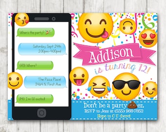 Printable Emoji Birthday Party Invitation, Emoji invitations, iphone Smiley Face Birthday Invitation, Girl Emojis Bday Invite, Emoticon Bday