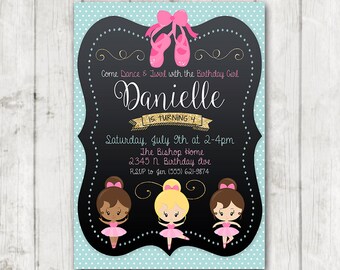 May include: A blue and white polka dot invitation with a black chalkboard background. The invitation is for a girl's 4th birthday party. The invitation says "Come Dance & Twirl with the Birthday Girl Danielle is turning 4. Saturday, July 9th at 2-4pm. The Bishop Home 2345 N. Birthday Ave. RSVP to Jen (555) 621-9874". There are three cartoon ballerinas on the invitation.