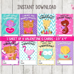 Printable Animals Valentine's Day Cards, Kids School Valentines Cards, Valentines  Cards, Printable Valentine's Cards, Owl Flamingo Dog Otter 