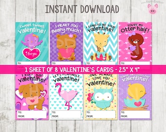 Printable Animals Valentine's Day Cards, Kids School Valentines Cards, Valentines Cards, Printable Valentine's Cards, Owl Flamingo Dog Otter