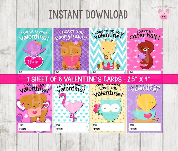 Printable Animals Valentine's Day Cards, Kids School Valentines Cards, Valentines  Cards, Printable Valentine's Cards, Owl Flamingo Dog Otter 