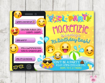 Imprimable Emoji Pool Party Invitation fête, nager fête Emoji invitations, Invitation d’anniversaire de Emoji, Emoji natation anniversaire fille invite