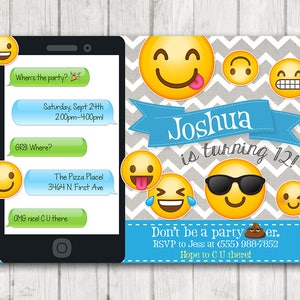 Printable Emoji Birthday Party Invitation, Boy Emoji invitations, Chevron Gray Blue Emoji Birthday Invitation, Emoji Bday Invite, Emoticon image 1