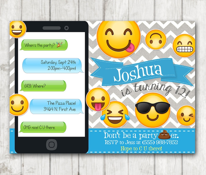 Printable Emoji Birthday Party Invitation, Boy Emoji invitations, Chevron Gray Blue Emoji Birthday Invitation, Emoji Bday Invite, Emoticon image 1