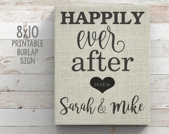 Printable Burlap Sign "Happily Ever After" Custom Burlap Wall Art WEDDING gift Bridal Shower gift Anniversary Gift Personalized Couples Gift