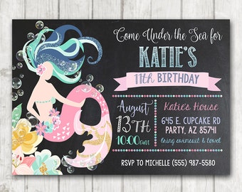 Printable Mermaid Birthday Invitation, Mermaid Invitation, Mermaid Bday invitation, Under the Sea Invites, Chalkboard Mermaid Invite, Ocean