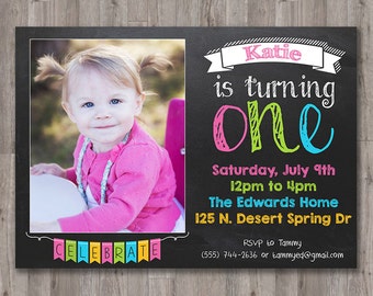 Girl's First Birthday Invitation with Photo, Chalkboard 1st Birthday Photo Printable Invitation