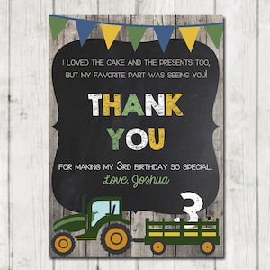 Cartão de agradecimento para impressão de trator Convite de aniversário de trator Festa de trator Celeiro de fazenda Trator de madeira Trator verde Cartão de agradecimento