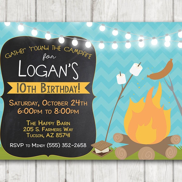 Printable Campfire Invitation, Camping Birthday Invitation, Camping Party, BBQ Birthday invitation, Chalkboard Smores Weenie Roast Invites