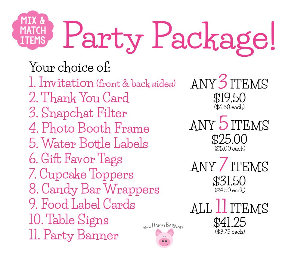 Printable Party Package, Bundle Birthday Party Package, Invitation, C…