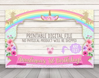 PRINTABLE Unicorn photo booth frame, Rainbow Unicorn Photo Booth Frame, Selfie Frame, Unicorn Horn, Floral Unicorn Photobooth Flowers Pastel