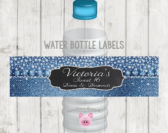 Etiquetas de botella de agua denim y diamantes imprimibles, denim & Diamond Party Favors