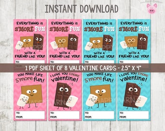 Printable S'mores Valentine's Day Cards, Smores Valentines Cards, Valentines School Cards, S'mores Printable Valentine's Cards, Vday Cards