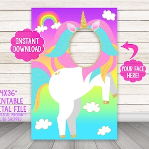 PRINTABLE Unicorn photo booth frame, Gold Glitter Unicorn Photo Booth Frame, Rainbow Unicorn Face Cut Out, Unicorn Face Hole Photo Prop