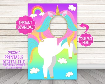 PRINTABLE Unicorn photo booth frame, Gold Glitter Unicorn Photo Booth Frame, Rainbow Unicorn Face Cut Out, Unicorn Face Hole Photo Prop