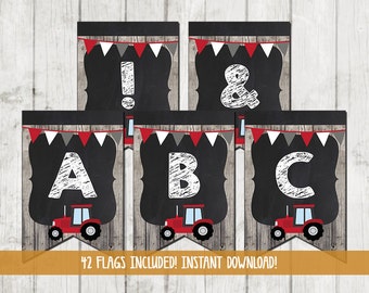 May include: A printable banner with 42 flags featuring red tractors and letters on a chalkboard background. The text on the banner reads "42 FLAGS INCLUDED! INSTANT DOWNLOAD!"
