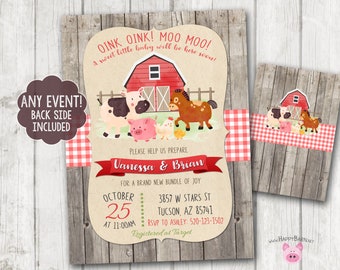 Farm Invitations, Farm Baby Shower Invitations, Gender Neutral, Moo Moo Oink Oink, Farm Baby Shower Invites, Boy or Girl