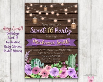 Printable  Rustic Invitations, Sweet 16, Cactus Invitation, Mason Jar Invitation String Lights Wood, Baby Shower, Graduation Invitations