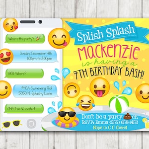 May include: A yellow and blue birthday invitation with a smartphone graphic and emoji icons. The text reads "Splish Splash Mackenzie is having a 7th Birthday Bash!"  Don't be a party pooper. RSVP: Emma (555) 658-1452 Hope to C U there!"