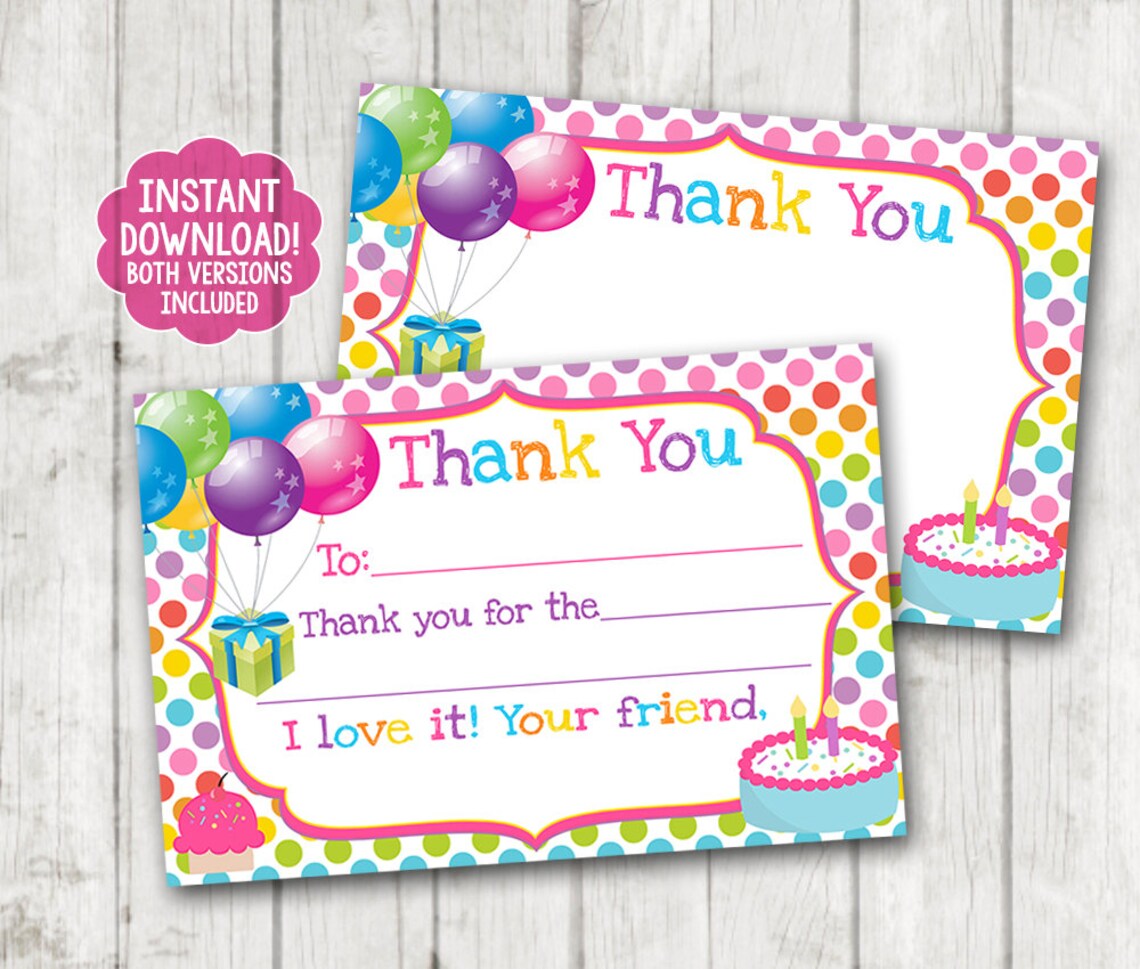 INSTANT DOWNLOAD Printable Birthday Thank You Cards Balloons - Etsy