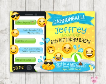 Printable Emoji Pool Party Party Invitation, Swim Party Emoji invitations, Emoji Birthday Invitation, Emoji Swimming Birthday Boy Invites