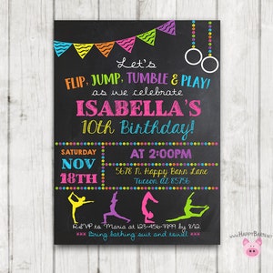 Printable Gymnastics Invitation, Gymnastics Birthday Party Invitation, Chalkboard Gymnastics printable birthday invitation, flip jump tumble