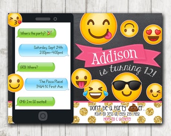 Chalkboard Emoji Invitations, Printable Emoji Birthday Party Texting Invitations