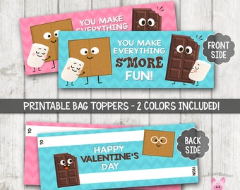 Printable S&#39;mores Treat Bag Toppers, Smores Valentine Bag Toppers, Valentines School Treat bags, S&#39;mores Treat Bag Toppers, Valentine Labels