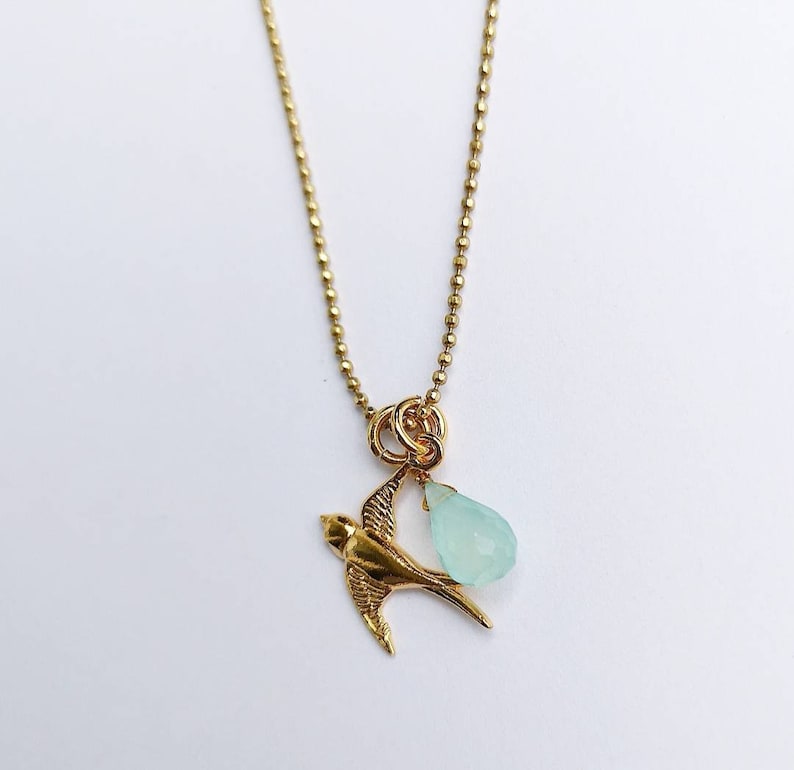 Gold necklace with bird /& aqua chalcedony