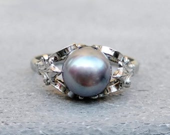 Anillo antiguo Art Déco de plata con perla