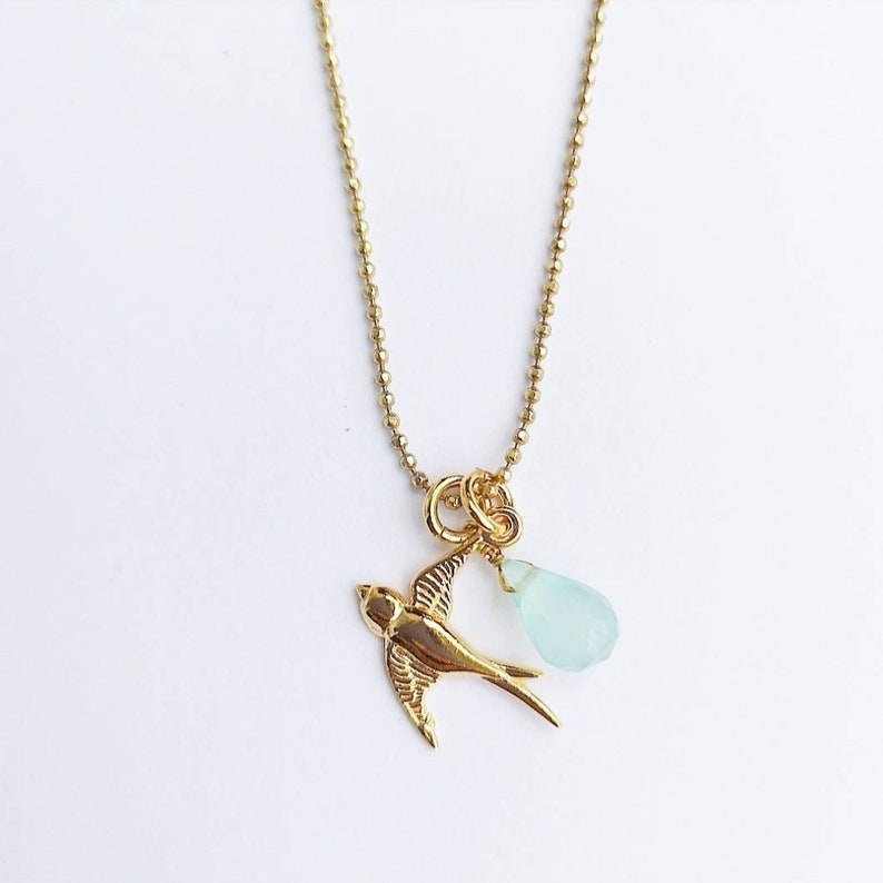 Gold necklace with bird /& aqua chalcedony