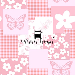 May include: A pink and white patchwork design with butterflies, flowers, and a gingham pattern. The text "ELIZABETH'S BOUTIQUE" is in black letters.