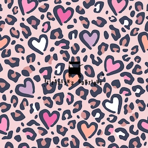 May include: A seamless pattern featuring pink, white, and purple hearts on a light pink background with a dark blue leopard print.